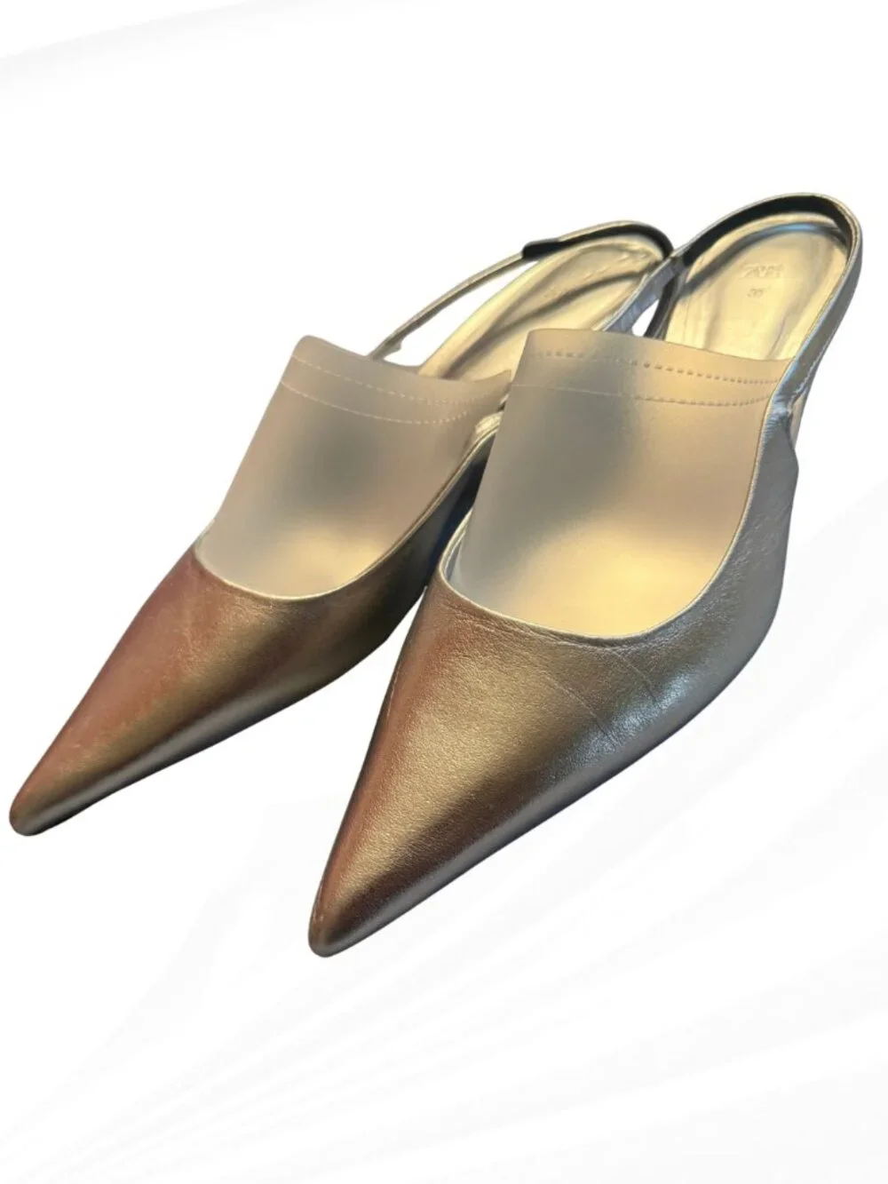 Zara Silver Metallic Slingback Heels Pointed Toe Pumps EU 39 US 8 NWOB Wedding - Picture 4 of 16